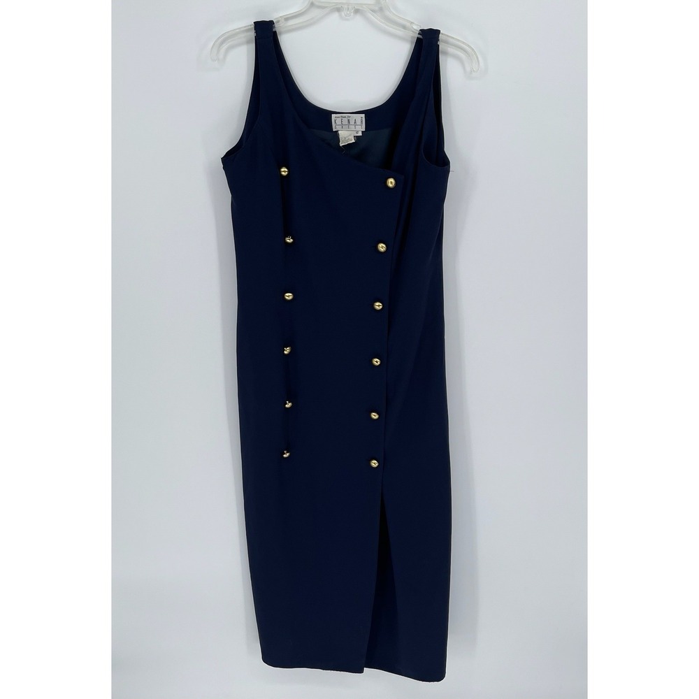 Ann Tjian for Kenar‎ Vintage Women's Navy Blue Gold Button Sheath Dress Sz 12